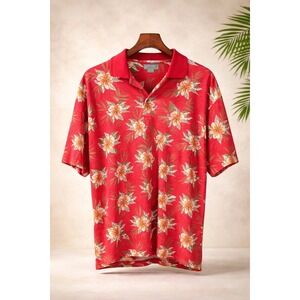 Kona Wind Mens XL Red Floral Hibiscus Tropical Polo Shirt Short Sleeve Textured